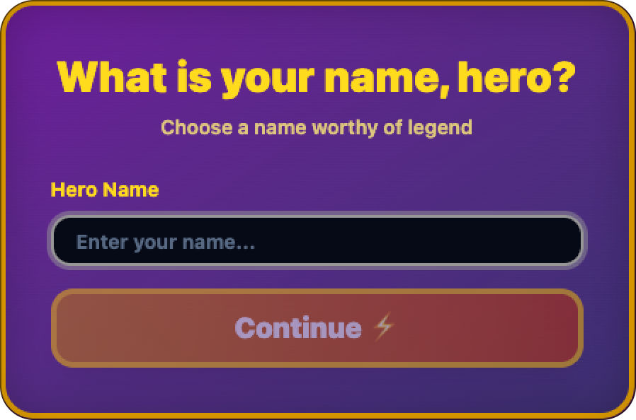 What is your name, hero? — the XP Questra sign-up step.