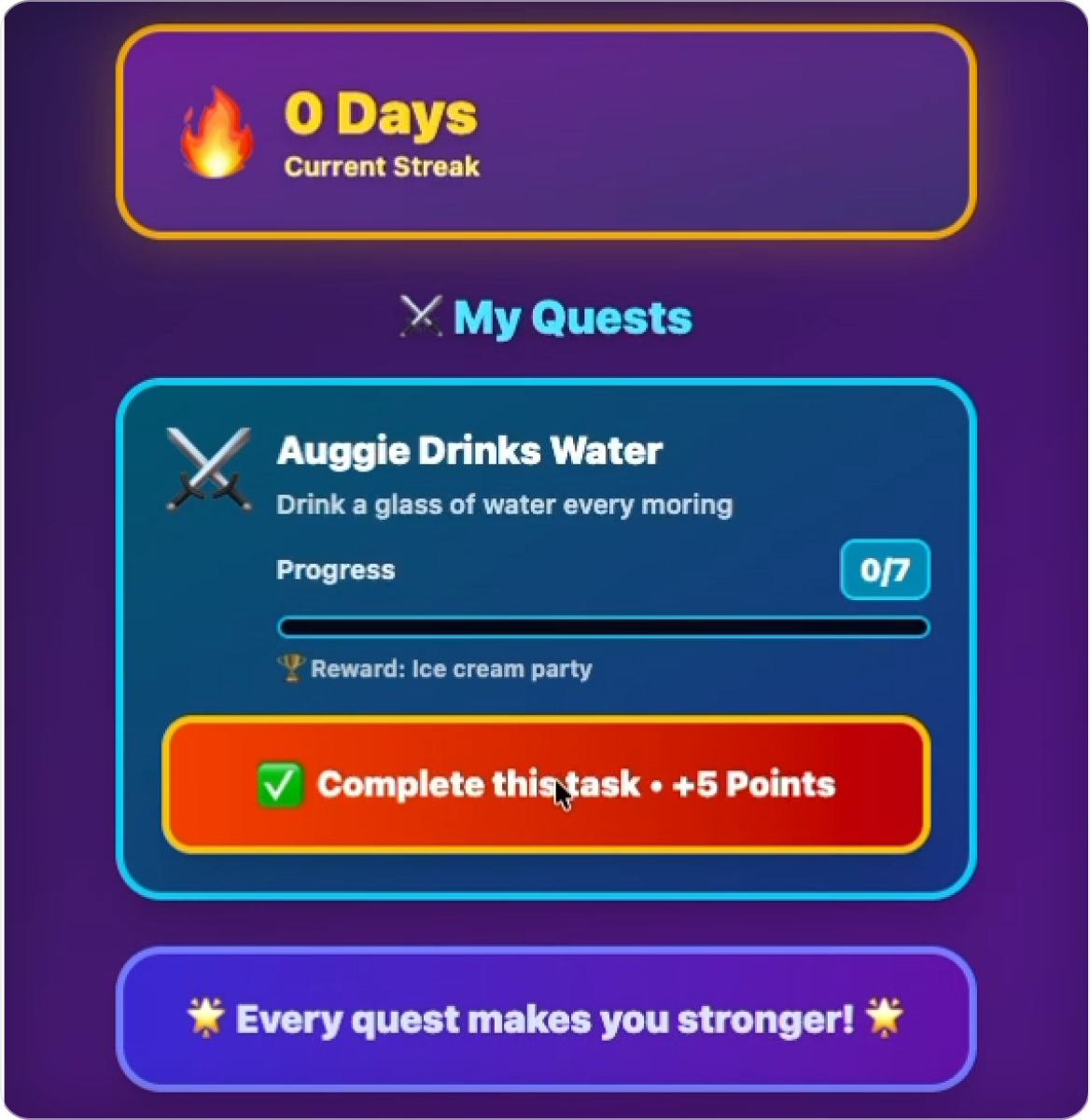 My Quests screen showing a current streak counter and a quest ready to complete for points.