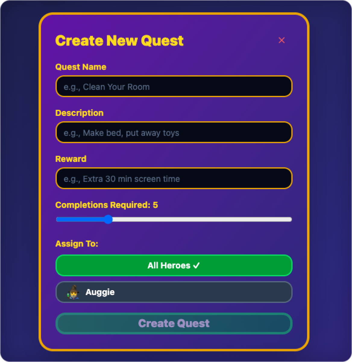 Create New Quest form with quest name, description, reward and assignment fields.
